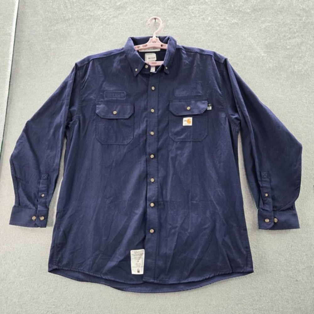 Carhartt FR Men Button‎ Up Shirt XL Blue Embroidery Twill 392-20 Workwear